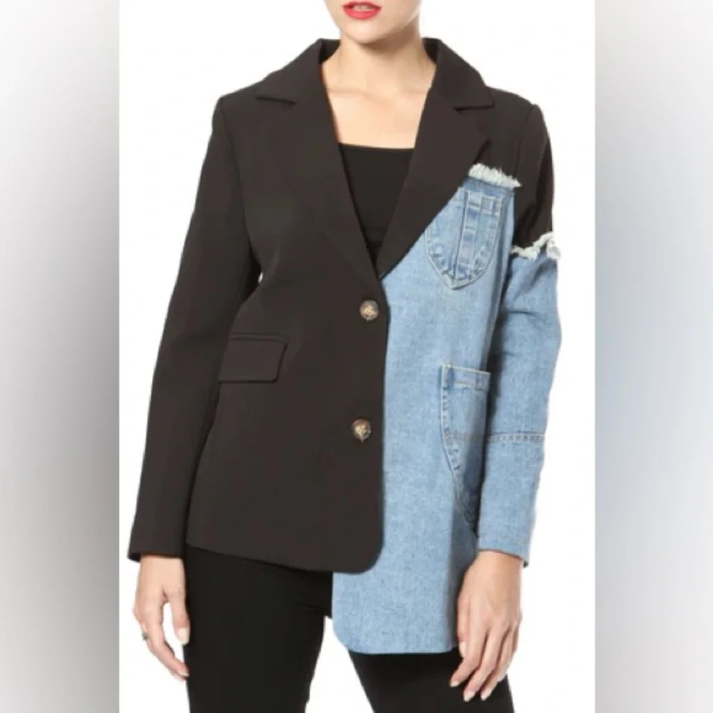 Women’s Jacket - Dressed in LALA Black and Denim Patchwork Blazer Size Medium - Picture 1 of 7